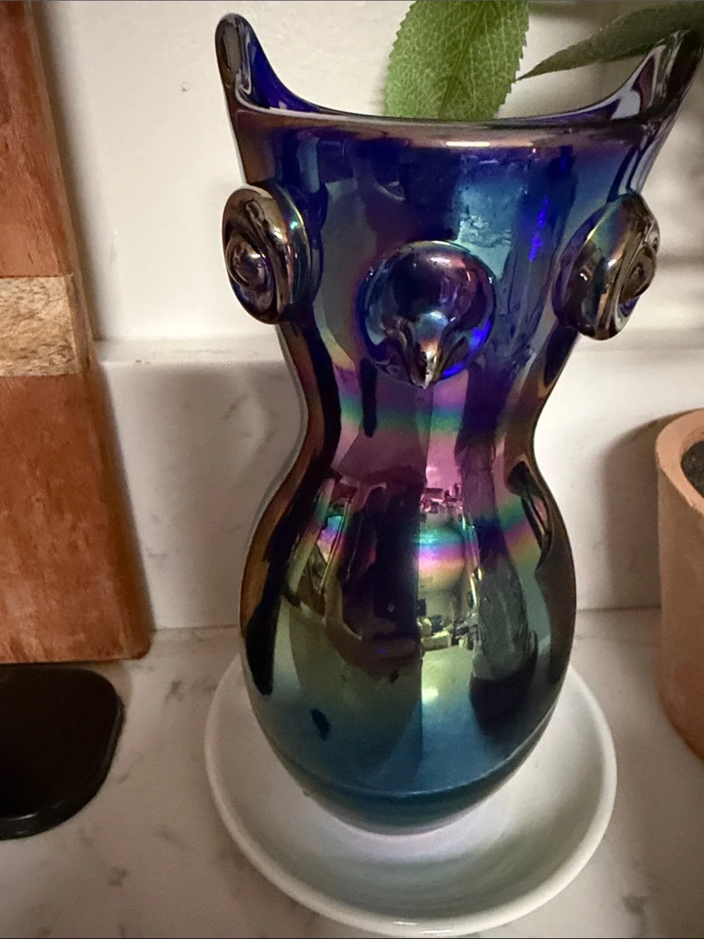 Vintage 1972 Signed Gibson Art Glass Cobalt Blue Carnival Glass Owl Vase